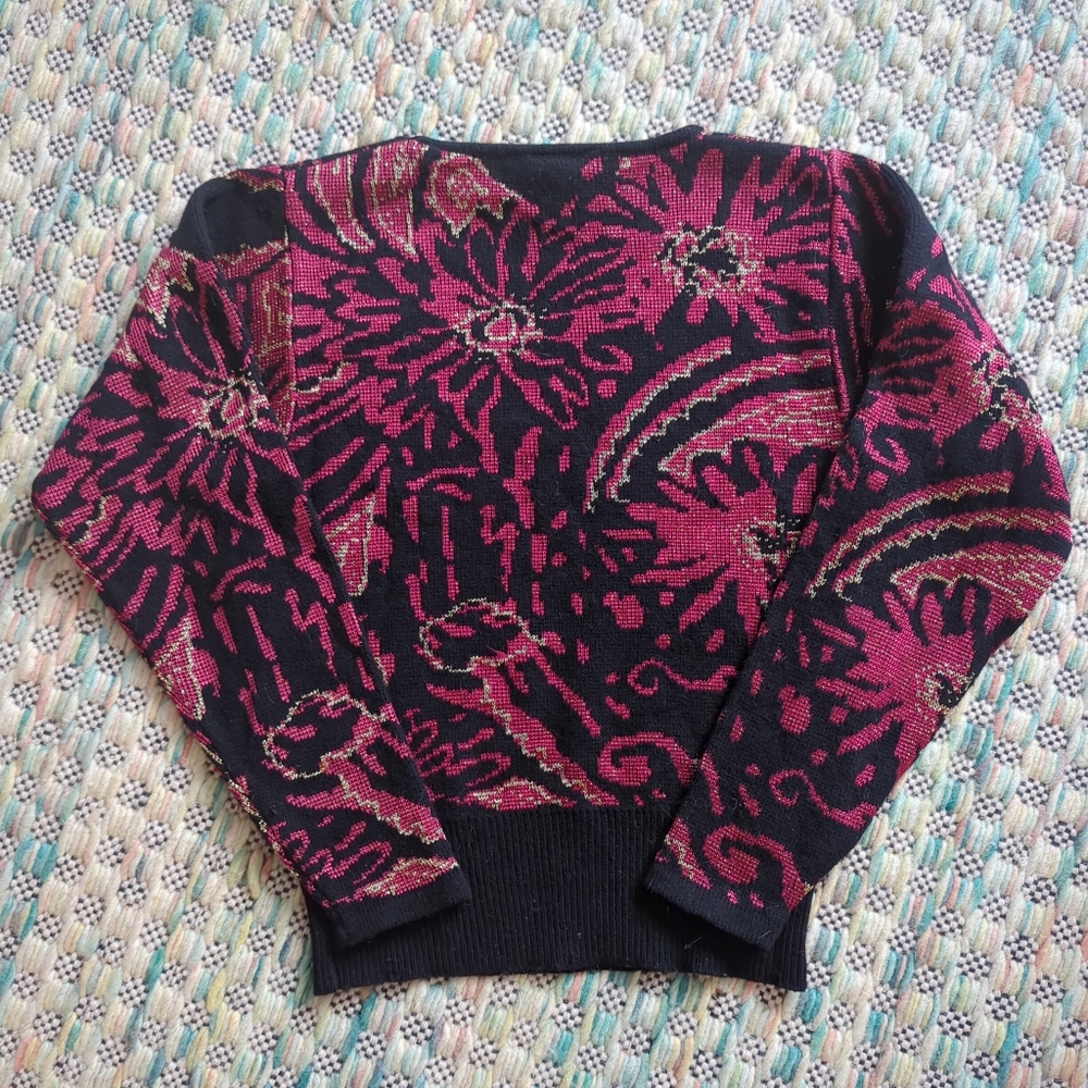 Rare! Vintage 80s Christian Dior Paisley Floral Intarsia Metallic Knit Sweater S - Picture 3 of 5